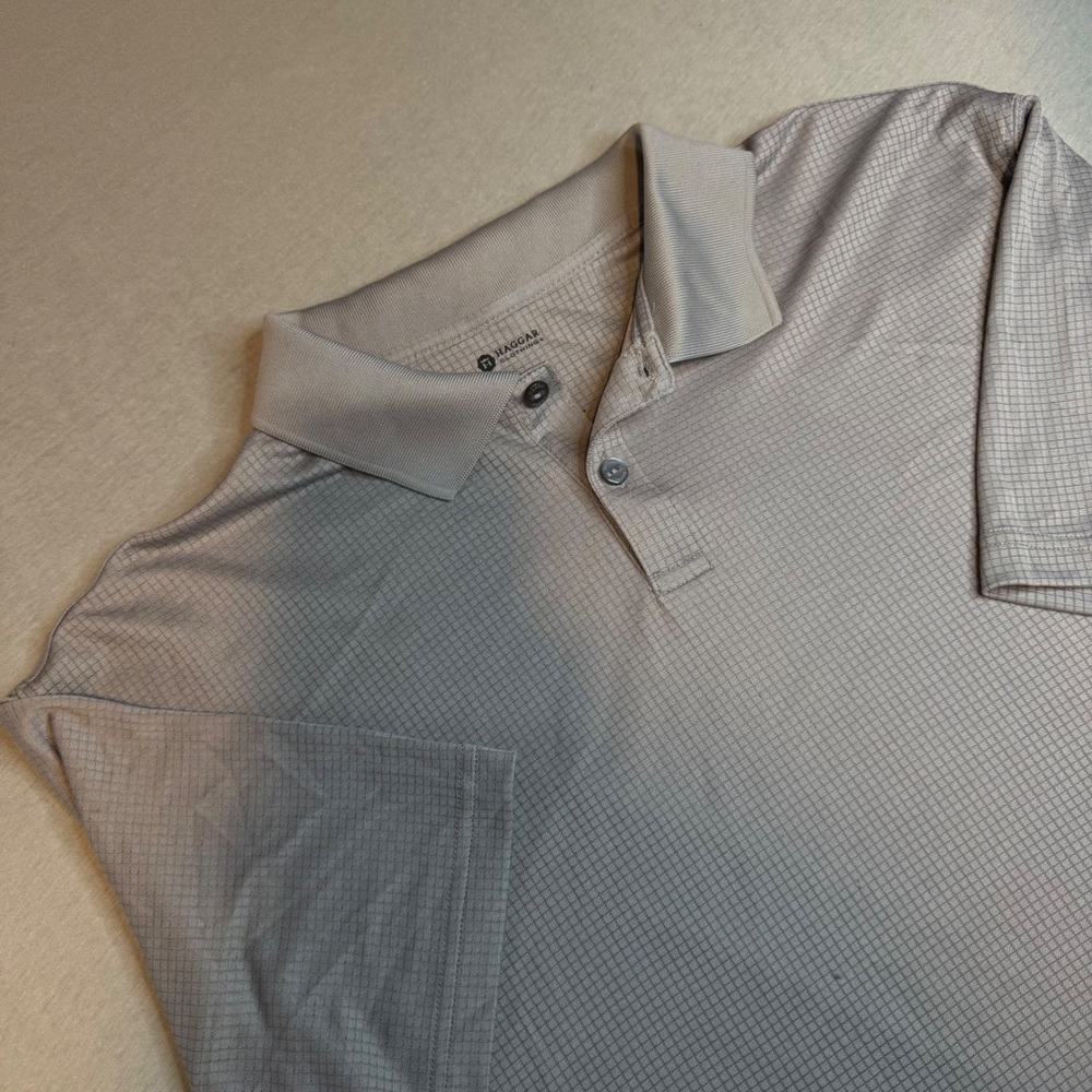 Haggar Mens Short Sleeve Polo Shirt Grey Micro Grid Textured Performance Large